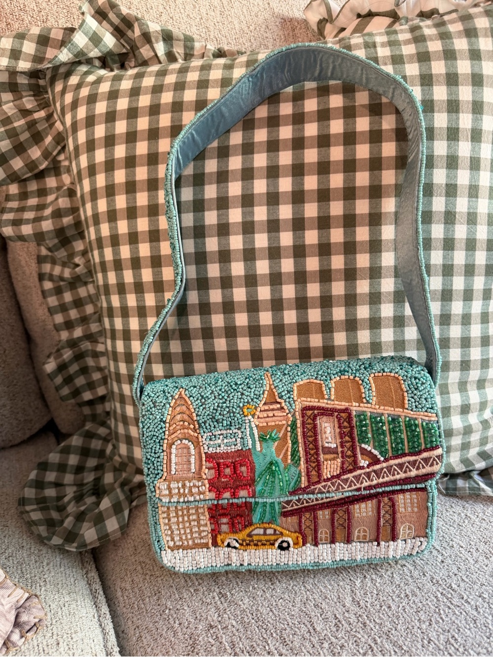 Beaded New York Cityscape Shoulder Bag in Teal